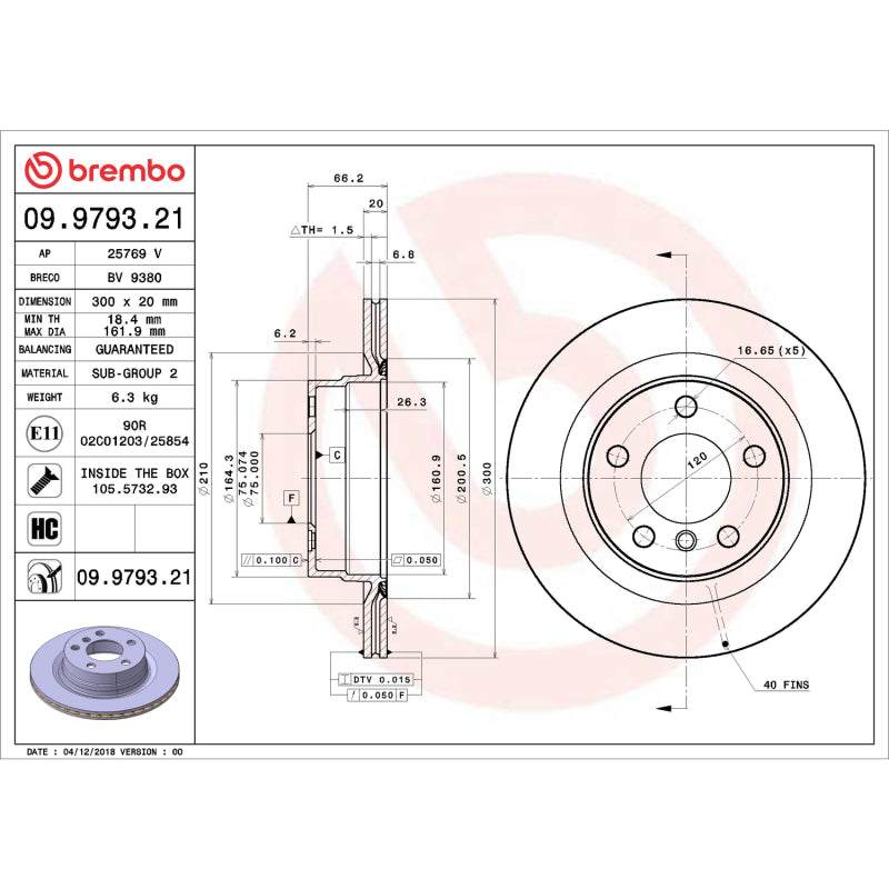 Brembo 12-16 Town & Country/12-20 Dodge Grand Caravan/12-14 Volkswagen Routan Rear UV Coated Rotor