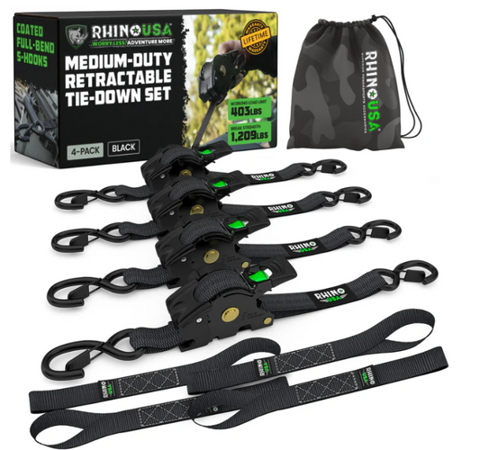 Rhino USA Retractable Ratchet Straps (4Pk 1Inx10Ft) (Black)